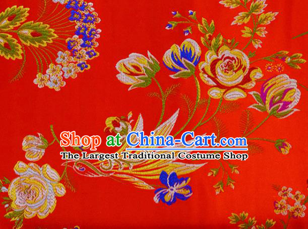 Asian Chinese Fabric Red Satin Classical Flowers Bird Pattern Design Brocade Traditional Drapery Silk Material
