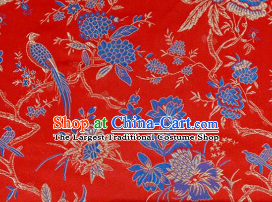 Asian Chinese Fabric Red Satin Classical Flowers Birds Pattern Design Brocade Traditional Drapery Silk Material