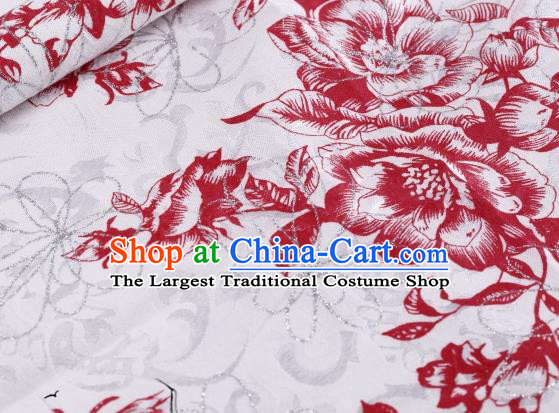 Asian Chinese Classical Red Peony Pattern Design Satin Fabric Brocade Traditional Drapery Silk Material