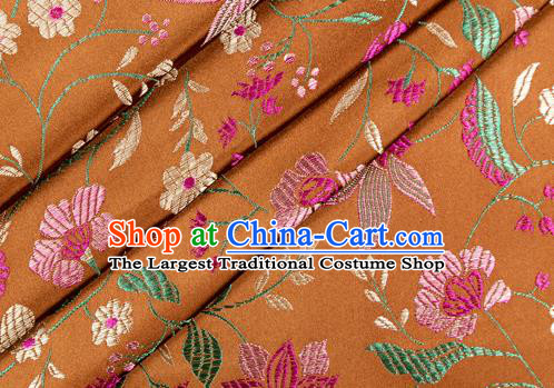 Asian Chinese Classical Embroidered Flowers Pattern Design Bronze Satin Fabric Brocade Traditional Drapery Silk Material