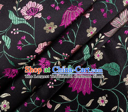 Asian Chinese Classical Embroidered Flowers Pattern Design Black Satin Fabric Brocade Traditional Drapery Silk Material