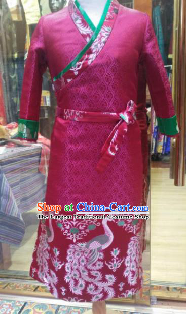 Chinese Traditional Zang Nationality Female Dress Rosy Tibetan Robe Ethnic Dance Costume for Women