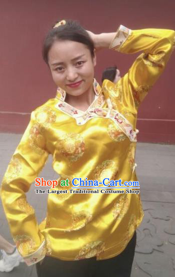 Chinese Traditional Zang Nationality Golden Blouse Tibetan Shirt Ethnic Dance Costume for Women