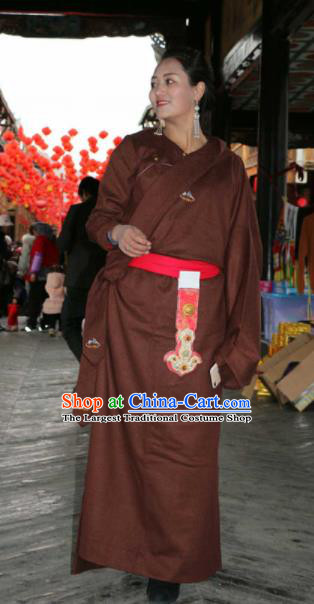 Chinese Traditional Zang Nationality Female Dress Brown Tibetan Robe Ethnic Dance Costume for Women