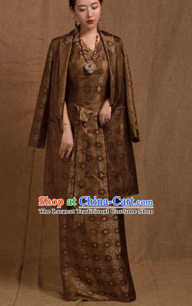 Chinese Traditional Ethnic Bride Tibetan Robe Zang Nationality Female Bronze Dress Costume for Women