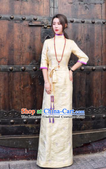 Chinese Traditional Ethnic Bride Tibetan Robe Zang Nationality Female Yellow Silk Dress Costume for Women