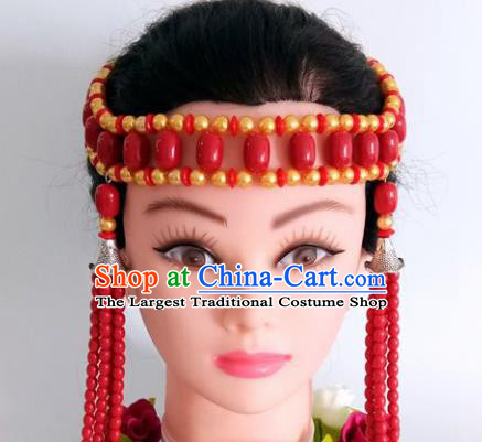 Chinese Traditional Mongol Nationality Red Beads Tassel Hair Clasp Mongolian Ethnic Dance Headband Accessories for Women