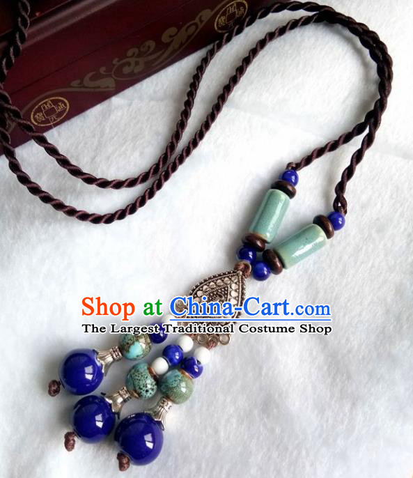 Chinese Traditional Mongol Nationality Green Ceramics Necklace Mongolian Ethnic Necklet Accessories for Women
