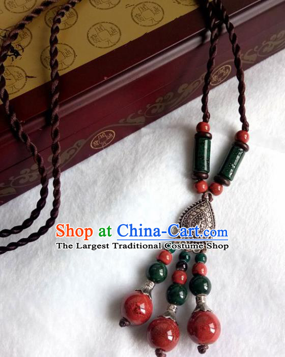 Chinese Traditional Mongol Nationality Atrovirens Ceramics Necklace Mongolian Ethnic Necklet Accessories for Women