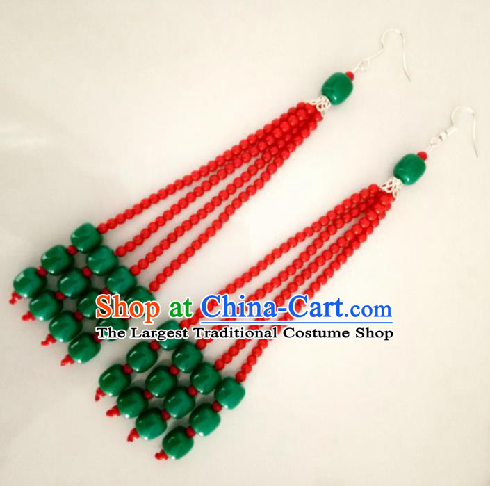 Chinese Traditional Mongol Nationality Red Beads Earrings Mongolian Ethnic Ear Accessories for Women