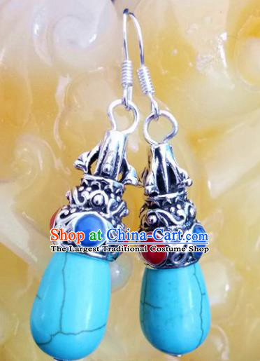 Chinese Traditional Mongol Nationality Blue Stone Earrings Mongolian Ethnic Ear Accessories for Women