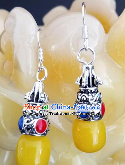 Chinese Traditional Mongol Nationality Yellow Stone Earrings Mongolian Ethnic Ear Accessories for Women