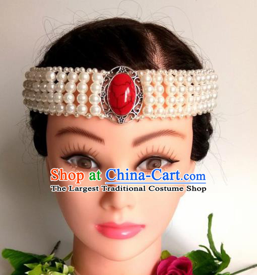 Chinese Traditional Mongol Nationality White Beads Hair Clasp Mongolian Ethnic Dance Headband Accessories for Women