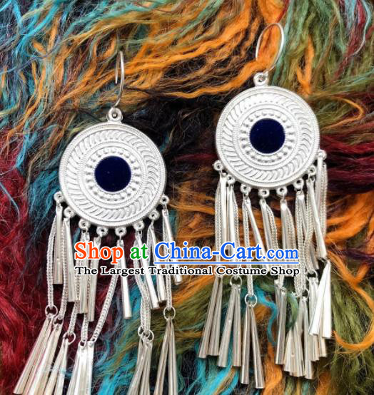 Chinese Traditional Zang Nationality Tassel Earrings Tibetan Ethnic Sliver Ear Accessories for Women