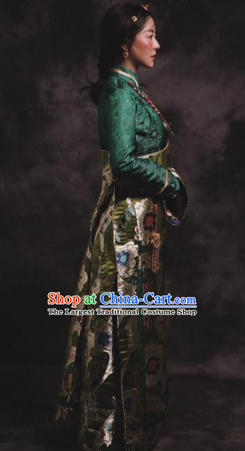 Chinese Traditional Zang Nationality Female Dress Green Tibetan Robe Ethnic Dance Costume for Women