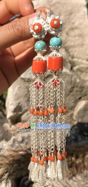 Chinese Traditional Zang Nationality Sliver Earrings Tibetan Ethnic Ear Accessories for Women