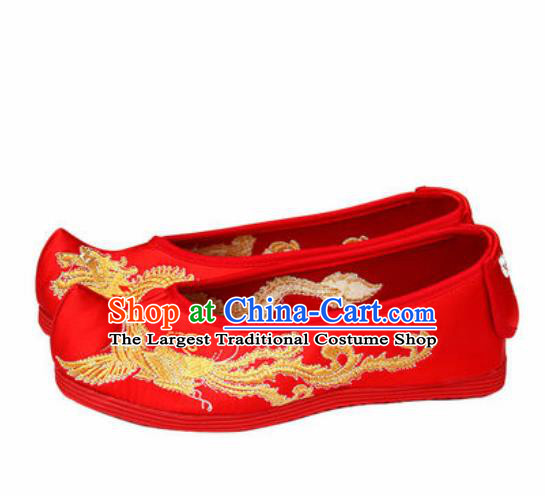 Chinese Traditional Shoes Opera Wedding Red Satin Shoes Hanfu Princess Shoes Embroidered Phoenix Shoes for Women