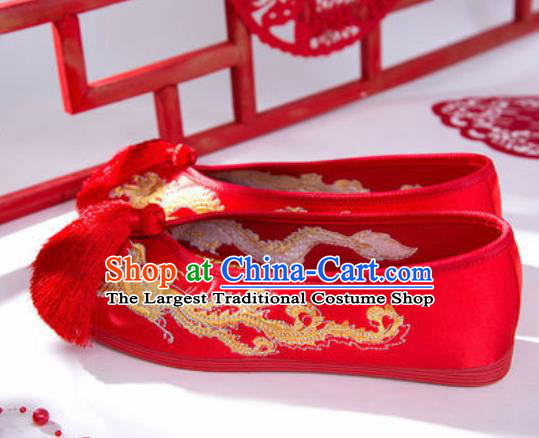 Chinese Traditional Shoes Opera Wedding Red Satin Shoes Hanfu Princess Shoes Embroidered Phoenix Shoes for Women