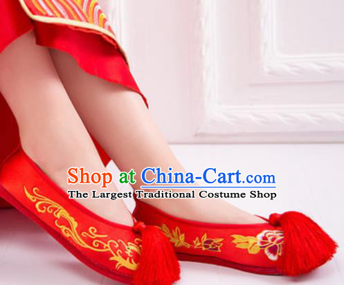 Chinese Traditional Embroidered Phoenix Peony Shoes Opera Red Satin Shoes Wedding Shoes Hanfu Princess Shoes for Women