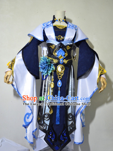 Chinese Traditional Cosplay Princess Knight Navy Blue Costume Ancient Fairy Swordsman Dress for Women