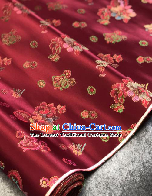 Traditional Chinese Wine Red Silk Fabric Classical Peony Pattern Design Brocade Fabric Asian Satin Material