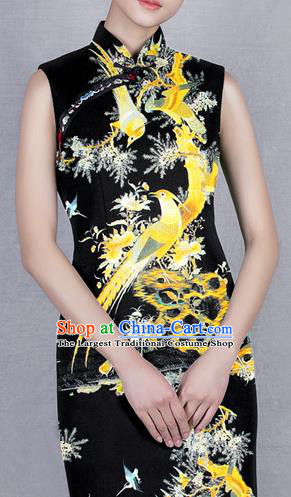 Chinese Traditional Classical Flowers Birds Pattern Black Brocade Damask Asian Satin Drapery Silk Fabric