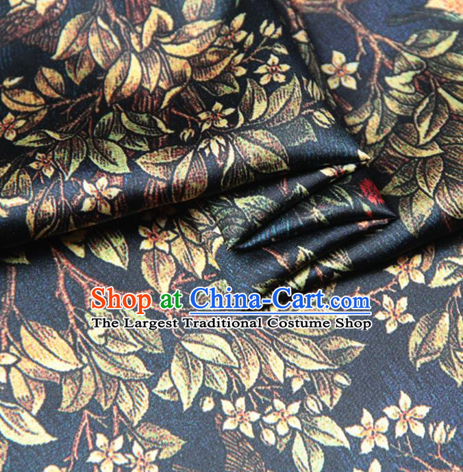 Chinese Traditional Classical Leaf Pattern Navy Brocade Damask Asian Satin Drapery Silk Fabric