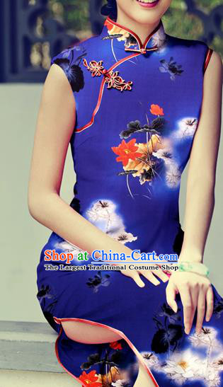 Chinese Traditional Classical Lotus Pattern Royalblue Brocade Damask Asian Satin Drapery Silk Fabric