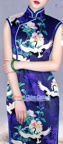 Chinese Traditional Classical Crane Flower Pattern Purple Brocade Damask Asian Satin Drapery Silk Fabric