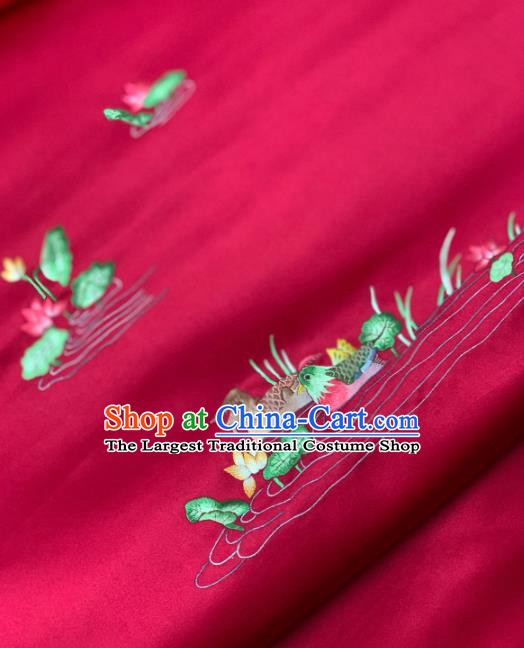 Traditional Chinese Satin Classical Embroidered Mandarin Duck Lotus Pattern Design Wine Red Brocade Fabric Asian Silk Fabric Material