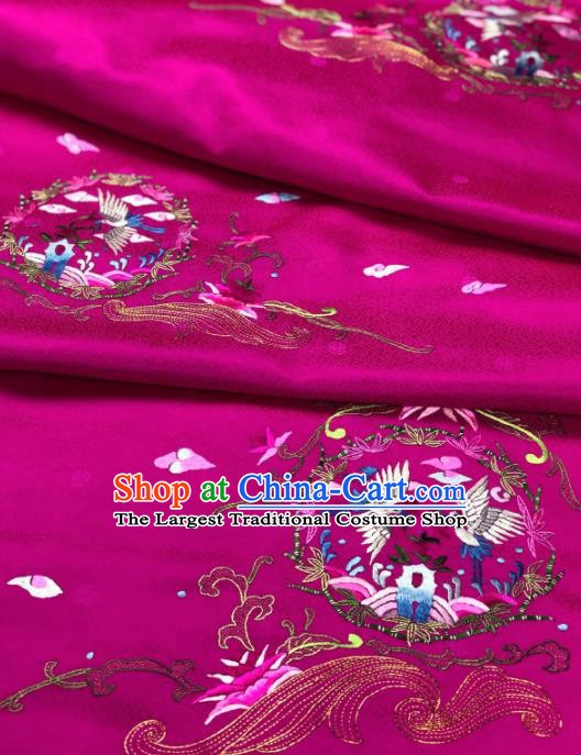 Traditional Chinese Rosy Silk Fabric Classical Embroidered Cranes Pattern Design Brocade Fabric Asian Satin Material