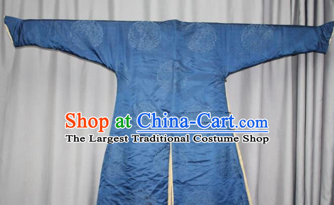 Chinese Traditional Drama Manchu Costume Ancient Qing Dynasty Emperor Blue Robe for Men