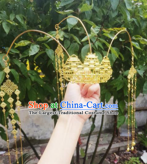 Chinese Ancient Princess Hairpins Palace Golden Tassel Phoenix Coronet Traditional Hanfu Hair Accessories for Women