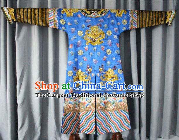 Chinese Traditional Drama Manchu Costume Ancient Qing Dynasty Emperor Blue Imperial Robe for Men