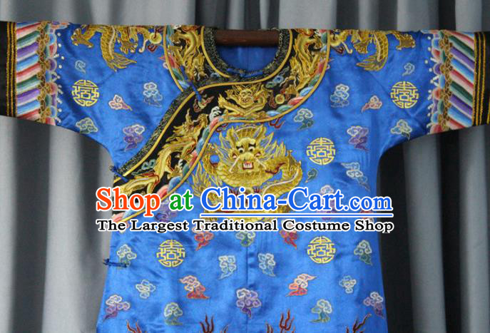 Chinese Traditional Drama Manchu Costume Ancient Qing Dynasty Emperor Blue Imperial Robe for Men