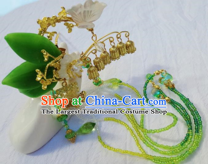 Chinese Ancient Princess Green Beads Tassel Hair Claws Hairpins Traditional Hanfu Palace Hair Accessories for Women