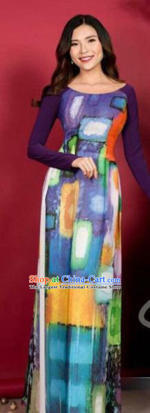 Asian Vietnam Traditional Printing Purple Dress Vietnamese Classical Ao Dai Cheongsam for Women
