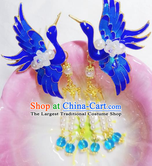 Chinese Ancient Princess Hairpins Palace Blueing Crane Tassel Hair Claws Traditional Hanfu Hair Accessories for Women