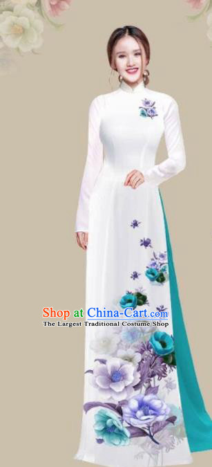 Asian Vietnam Traditional Printing Camellia White Dress Vietnamese National Classical Ao Dai Cheongsam for Women