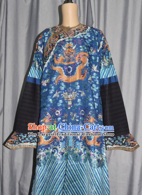 Chinese Traditional Drama Costume Ancient Qing Dynasty Emperor Embroidered Blue Dragon Robe for Men