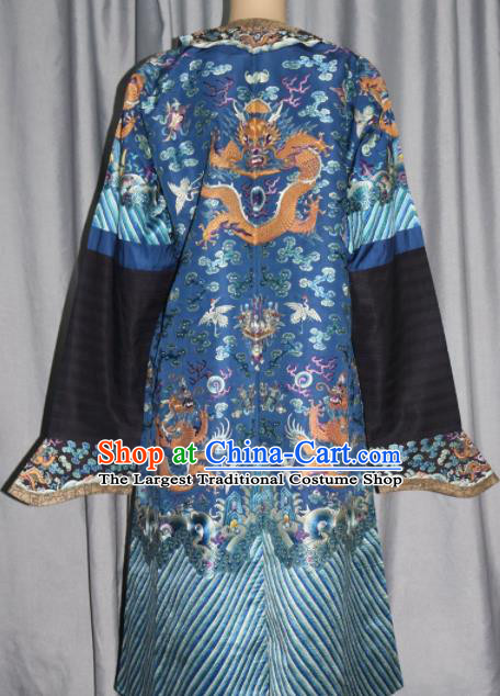 Chinese Traditional Drama Costume Ancient Qing Dynasty Emperor Embroidered Blue Dragon Robe for Men