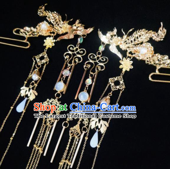 Chinese Ancient Palace Princess Golden Hairdo Crown Tassel Hairpins Traditional Hanfu Hair Accessories for Women