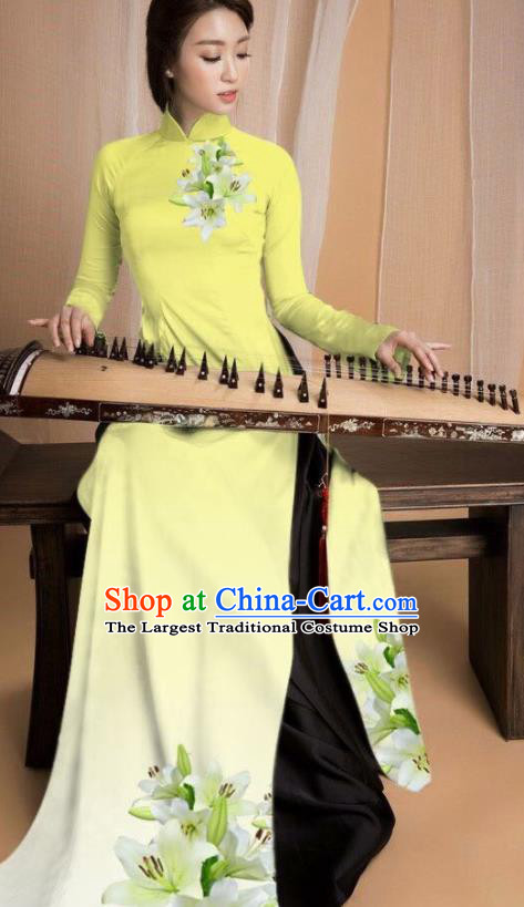 Asian Vietnam Traditional Printing Lily Flowers Yellow Dress Vietnamese National Classical Ao Dai Cheongsam for Women
