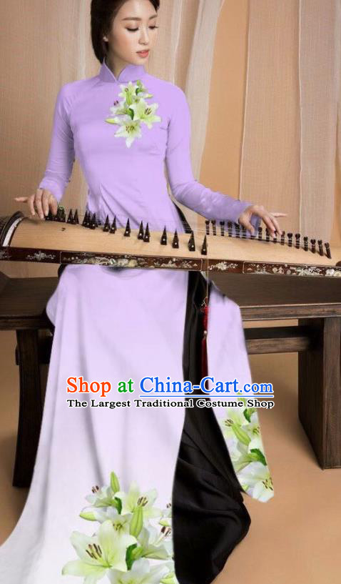 Asian Vietnam Traditional Printing Lily Flowers Purple Dress Vietnamese National Classical Ao Dai Cheongsam for Women