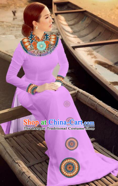 Asian Vietnam Traditional Bride Lilac Dress Vietnamese National Classical Ao Dai Cheongsam for Women