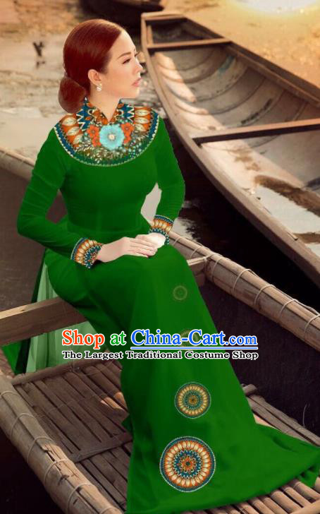 Asian Vietnam Traditional Bride Deep Green Dress Vietnamese National Classical Ao Dai Cheongsam for Women