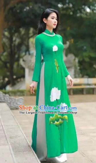 Asian Vietnam Traditional Bride Printing Lotus Green Dress Vietnamese National Classical Ao Dai Cheongsam for Women