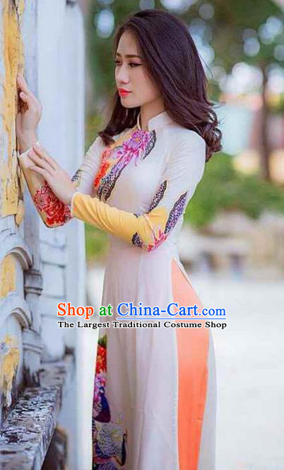 Asian Vietnam Traditional Printing Peacock Peony Dress Vietnamese National Classical Ao Dai Cheongsam for Women