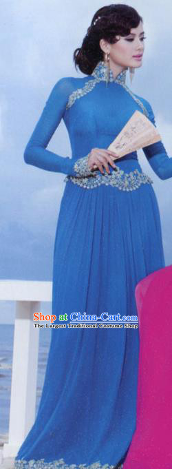 Asian Vietnam Traditional Blue Dress Bride Costume Vietnamese National Classical Ao Dai Cheongsam for Women