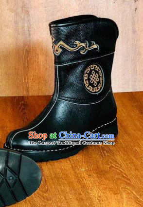 Traditional Chinese Mongol Nationality Wedding Shoes Mongolian Minority Folk Dance Black Leather Boots for Men